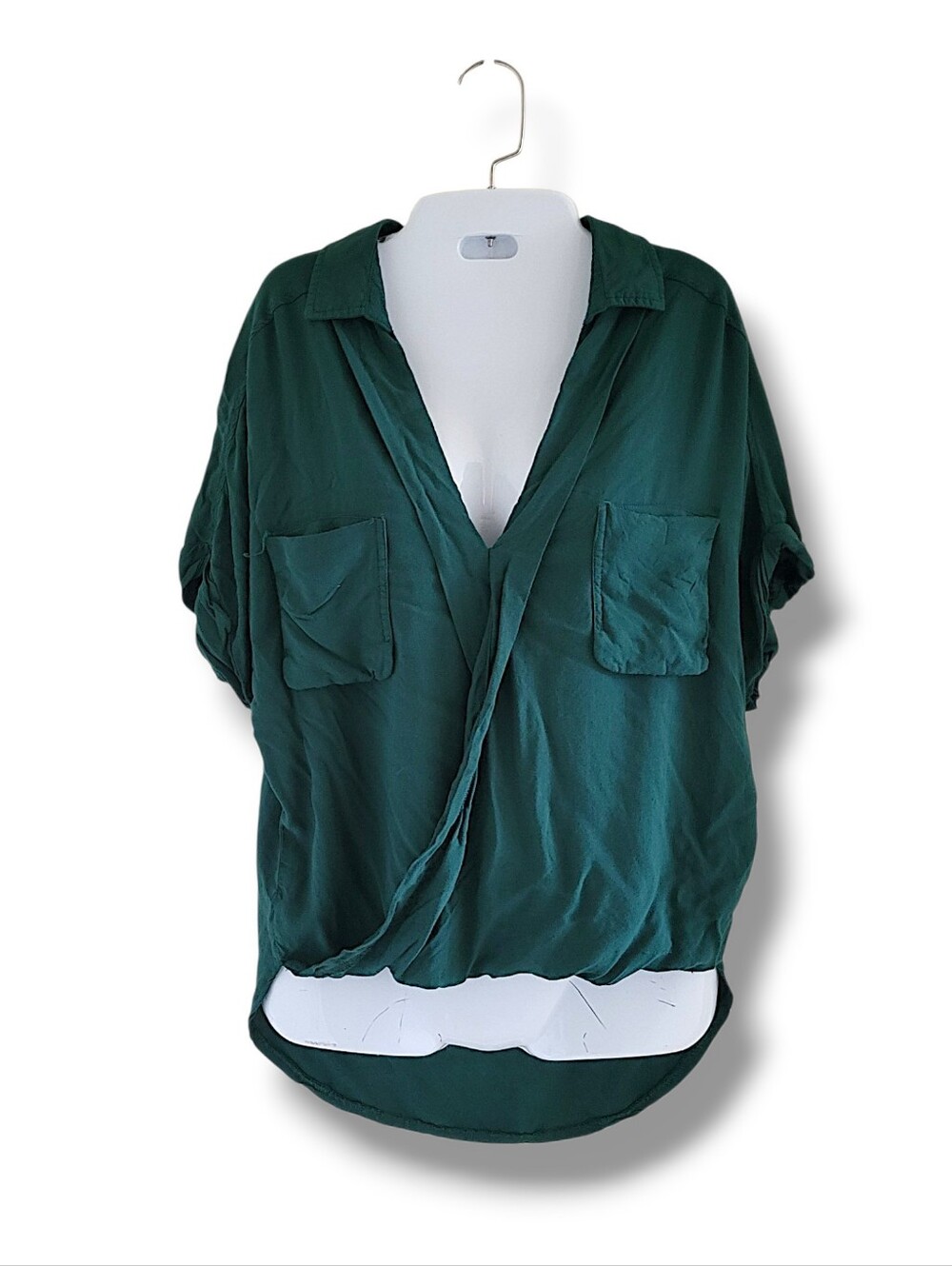 Timing | Dark Green Draped V-Neck Dolman Surplus Top Size S